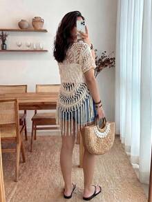 Áo dệt kim tay ngắn khoét rỗng màu trơn cỡ lớn cho nữ - Màu be - Xem 2