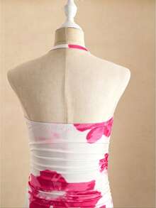 SHEIN Vestido halter de niña grande con estampado de tinta rosa, vestido de verano con volantes y ajuste ceñido, lindo y elegante - Multicolor - Ver 3