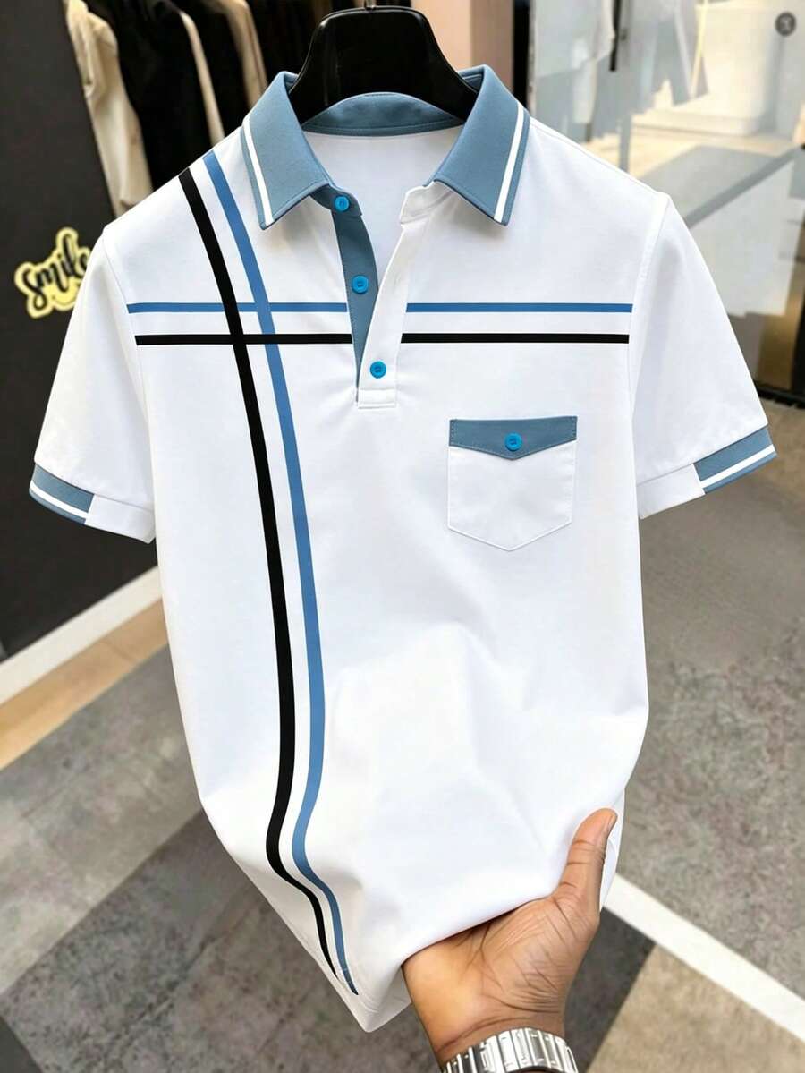 Manfinity Homme Men's Striped Short Sleeve Casual Commuter Polo Shirt Men White And Blue Polo Shirt Men Summer Polo Shirt Men Striped Polo Shirt Men Golf Shirt Men Casual Polo Shirt.A Great Gift For A Boyfriend Or Husband. - White - View 1