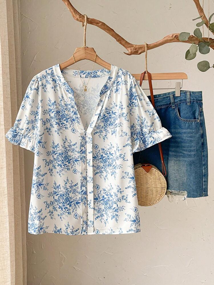 Plus Size Notched Collar Floral Print Casual Short Sleeve Shirt