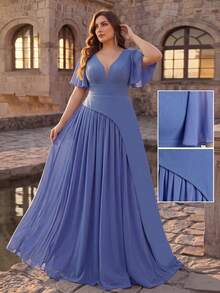 Aureia Plus Size Light Blue Summer Elegant Formal Prom Dress,Luxurious Deep V Ruffle Sleeve Beaded Rhinestone Chiffon Pleated A-Line Wedding Party Gown - Dusty Blue - View 4