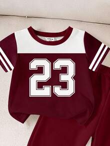 2pcs/Set Baby Boy Casual Sports Style Brooklyn 23 Colorblock Round Neck Short Sleeve T-Shirt And Pants Set, Spring To Summer - Multicolor - View 5