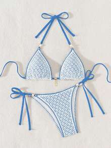Swim Mod Bolso triangular sexy con decoración de perlas y flor de concha calada de unicolor para mujer - Neblina azul - Ver 6