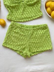 Comfortcana Solid Color Backless Halter Top And Super Short Shorts Set, Spring/Summer Golf White Sexy - Green - View 6