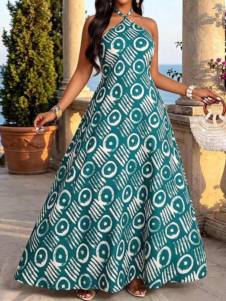 Lunelith SHEIN Lunessa Đầm dài cổ in kỹ thuật số họa tiết nhuộm tie-dye - Màu xanh Cadet - Xem 1