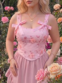SHEIN MOD Bralette Bordir Romantis Jala Merah Muda Ukuran Plus untuk Wanita, Elegan Gaya Istana Vintage, Cocok untuk Kencan dan Pesta - Berwarna merah muda - View 10