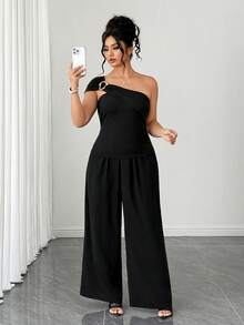 SHEIN Clasi Setelan Kasual 2 Potong Wanita Ukuran Besar Warna Polos dengan Hiasan Logam di Bahu dan Celana Panjang Lebar, Cocok untuk Olahraga, Musim Panas, Warna Cokelat. - Hitam - View 4