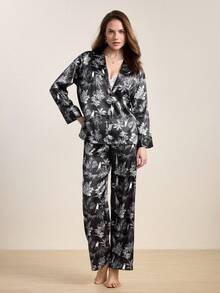 Hourtrue 2 piezas Conjunto de pijama de lujo con estampado animal, top de manga larga con cuello en V profundo + pantalones de pierna ancha, ropa de casa casual - Negro - Ver 4