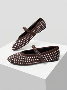 Mnmlis Women's Rhinestone Buckle Shiny Flat Casual Shoes - Coffee Brown - View 5
