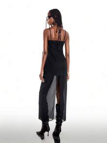 Airlisse Black Y2K Punk Autumn Cowgirl Slip Mini Dress, Halter Cross Cutout Eyelet Trim Bodycon Mesh Overlay Party Gown Night Out Black Autumn - Black - View 2