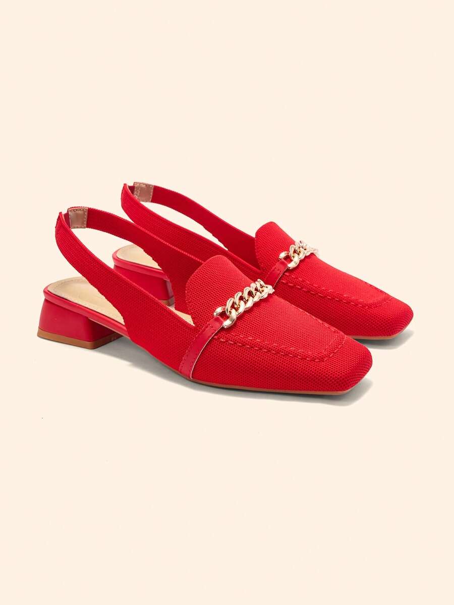 CUCCOO BASICS Women's Shoes Fashionable Red Metal Chain Decoration Back Strap Square Toe Low Heel Shoes Suitable For Commuting Dating Vacation Party Party And Other Occasions To Wear - Red 1 - View 1