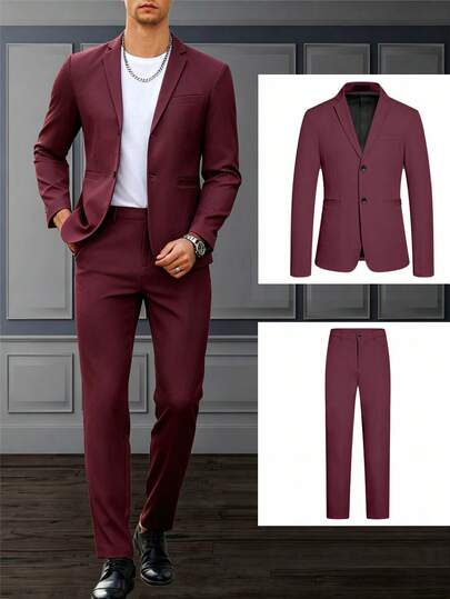 Manfinity Mode 男士纯色翻领长袖西装外套和裤子套装男士裤子西装男士休闲西装男士西装和裤子男士休闲西装男士时尚西装