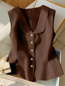 SHEIN Franclia Elegant Sleeveless Yellow Blouse, Chic & Slimming Summer Top For Women - Coffee Brown - View 3