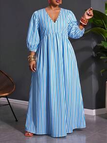 SHEIN CURVE+ Plus Size Women's Casual Beach Vacation Striped Print Deep V-Neck Lantern Sleeve Waist Tie Dress, Spring/Summer/Autumn - Blue - View 4