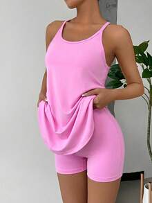 SHEIN EZwear 女士休闲纯色吊带连衣裙，适合夏季日常通勤 - 粉色 - 查看 1