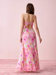 Bonmuse Vestito slip estivo da donna nuovo con stampa floreale ditsy pastello, design con schiena aperta e trafori in pizzo, colletto con fiocco, camicia da notte maxi in jacquard per uso esterno in estate - Rosa - Visualizzare 2
