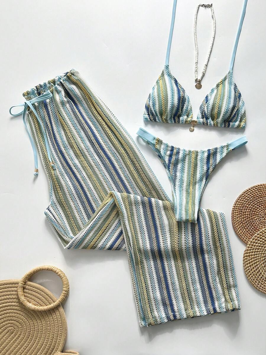 Swim Chiccia Conjunto de bikini de mujer con top halter a rayas, pareo y pantalones para vacaciones de verano en la playa - Multicolor - Ver 1