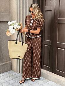 SHEIN PariChic Bộ đồ 2 món thanh lịch cổ tròn tay ngắn bèo nhún thắt eo chấm bi dành cho nữ - màu nâu - Xem 3