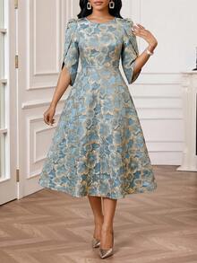 SHEIN Lady Đầm dài nữ thanh lịch cổ tròn thắt eo bằng vải jacquard, thích hợp cho mùa hè. - Màu xanh nước - Xem 3