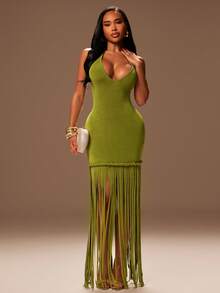 Radiana Olive Green, Deep V-Neck Halter Backless Fitted Dress,70s Elegant Long Tassel Hem Twist Rope Design,Summer Party,Beach Holiday & Nightclub Outfit - Olive Green - View 6