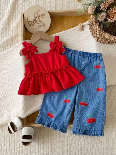 SHEIN Baby Girl's Summer Two-Piece Outfit Outdoor Minimalist Sweet Cute Energetic Fashion Vibrant Red Bow Button Strap Top And Vintage Distressed Blue Cone Red Tank Top Paired With Cherry Embroidered Flared Pants. Suitable For Spring/Summer Every Day, Outings, Travel, School, And Vacations.