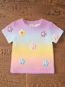 SHEIN Bộ 2 món cho bé gái, áo tay ngắn cổ tròn và quần short bó sát màu hồng nhạt in kỹ thuật số họa tiết cầu vồng chuyển màu phối 5 bông hoa, thích hợp cho mùa hè đi học, ở nhà, dã ngoại, trang phục hè dễ thương, phong cách Hàn Quốc. - Nhiều màu - Xem 5