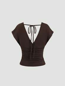 Sweetra Women's New Fashion Versatile Knit V-Neck T-Shirt, Waist Drawstring, Front & Back V-Neck, Shoulder Sleeve Design - Brown - View 2