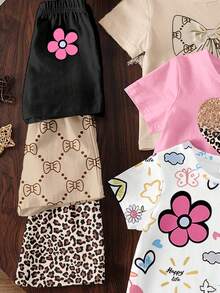 6件套女童休闲时尚创意清新可爱格子、蝴蝶结、豹纹、花卉、亮片、爱心、蝴蝶、星星、太阳图案印花短袖T恤和短裤套装，舒适日常穿着，温暖夏日风格，适合春夏季节 - 彩色 - 查看 5