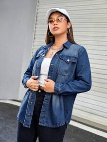 Rivivi 大码休闲日常水洗翻盖口袋前开襟牛仔衬衫 - 深色水洗藍 - 查看 3