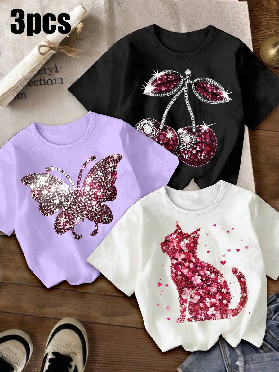 Set de 3 camisetas básicas de mujer y niña con estampados gráficos de mariposa, flor, gato y corazón con brillantes de cristal, de estilo casual y minimalista, en colores negro/morado/blanco, cómodas para uso diario, apropiadas para primavera, verano y otoño - Multicolor - Ver 1