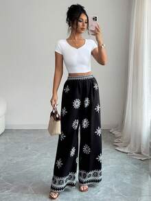 Balvessa Pantalones palazzo de mujer con estampado floral y cintura elástica - Negro - Ver 5
