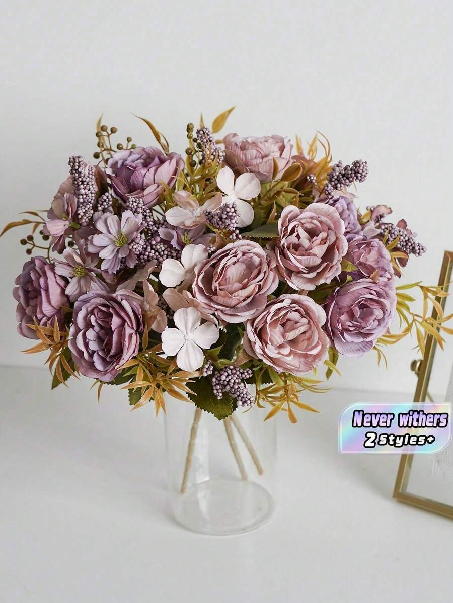 1支/3支浪漫玫瑰牡丹花束仿真花手持插花,适用于婚礼/家居/卧室/客厅/餐桌装饰/新娘捧花 - 紫色 - 查看 1