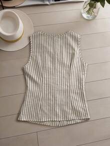 Linhara French-Style Striped Women's Travel And Vacation Outfit, Summer Plus Size T-Shirt And Short Pants Two Pieces Set For Dressing Up - Apricot - View 4