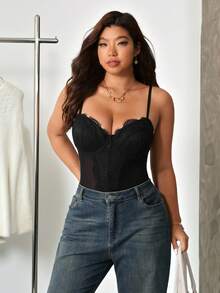 SHEIN EZwear 大码女式黑色撞色蕾丝性感连体衣 - 黑色 - 查看 6