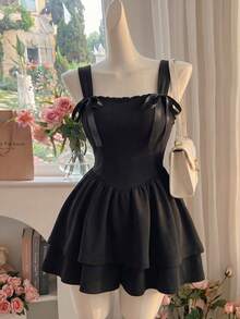 SHEIN MOD Bộ đồ liền thân cổ chữ V viền bèo nhún hai lớp màu đen cỡ lớn mùa hè - màu đen - Xem 5