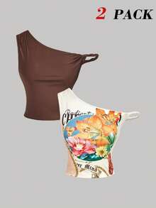 SHEIN MOD 2 chiếc áo nữ mùa hè cổ lệch và màu trơn - Nhiều màu - Xem 1