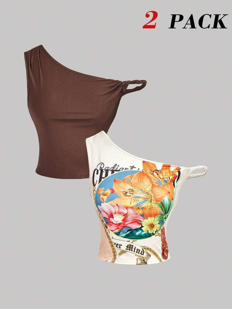 SHEIN MOD 2 chiếc áo nữ mùa hè cổ lệch và màu trơn - Nhiều màu - Xem 1