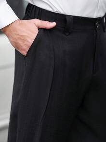 Manfinity Mode 男士黑色夏季休閒商務辦公長褲，純色亞麻面料長褲，適合通勤、戶外活動、工作或正式場合 - 黑色 - 查看 6