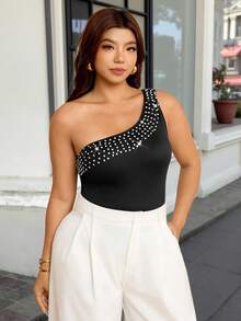 Vionelle Plus Size Women Fashion Rhinestone Embellished Sleeveless Top - Black - View 5