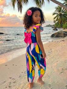 SHEIN Young Girl Casual Comfortable Geometric Color Block Print Backless Jumpsuit With Bow Tie, Suitable For Summer Vacation And Beach - Hot Pink - View 5