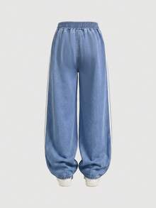 SHEIN Tween Girls' Elastic Waist Light Blue Stripe Denim Jeans,Comfortable Casual Athletic Sports Style,Summer Back-To-School School Pants Sports - Blue - View 2