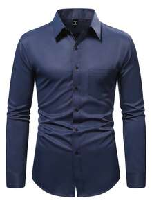 Manfinity Mode Men's Solid Color Business/Casual Long Sleeve Shirt, Spring & Summer, Navy Blue Dress Men, Business Casual Royal Dark For Fall, Formal, Ceremony - Navy Blue - View 3