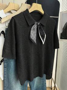 SHEIN Franclia 新款春夏休闲简约圆领无袖上衣，采用佩斯利印花、波点拼接，展现法式优雅风格，短款廓形，比例优化，可搭配连衣裙或裤装，宽松版型，罗纹饰边撞色领口系带设计针织衫 - 黑色 - 查看 4