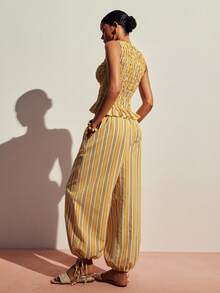 Poéselle Women's Contrast Color Striped Print Camisole And Wide Leg Pants Casual 2 Pieces Set - Yellow - View 3