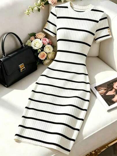 GlowEve Đầm nữ cổ tròn tay ngắn kẻ sọc, kiểu dáng thường ngày, dài đến đầu gối.