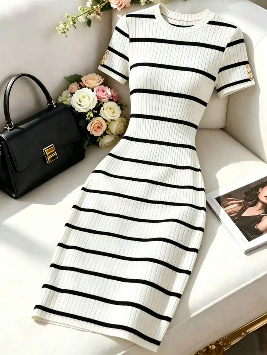 GlowEve Women's Striped Round Neck Short Sleeve Button Design Casual Mid-Length Dress - Black and White - View 1