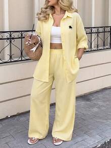 Dripcurv 2026summerPlus Size Casual Striped Long Sleeve Top And Loose Pants 2 Pieces Set Yellow Striped Two Piece Set Yellow Co Ord Set Butter Yellow Elegant - Ginger - View 3