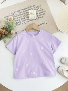 SHEIN LMoss Kids Young Girl Embroidered Loose Fit Crew Neck Casual T-Shirt - Mauve Purple - View 3