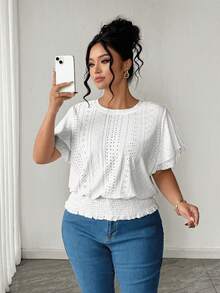 Elenzga Blouse bohème d'été blanche en soie pour femmes grandes tailles, vacances et congés, avec broderie ajourée, manches volantées doubles couches, ajourée et ourlet élastique - Blanc - Voir 3