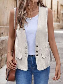 EMERY ROSE Women's  Drawstring Pocket Decorated Vest Jacket - Apricot - View 4